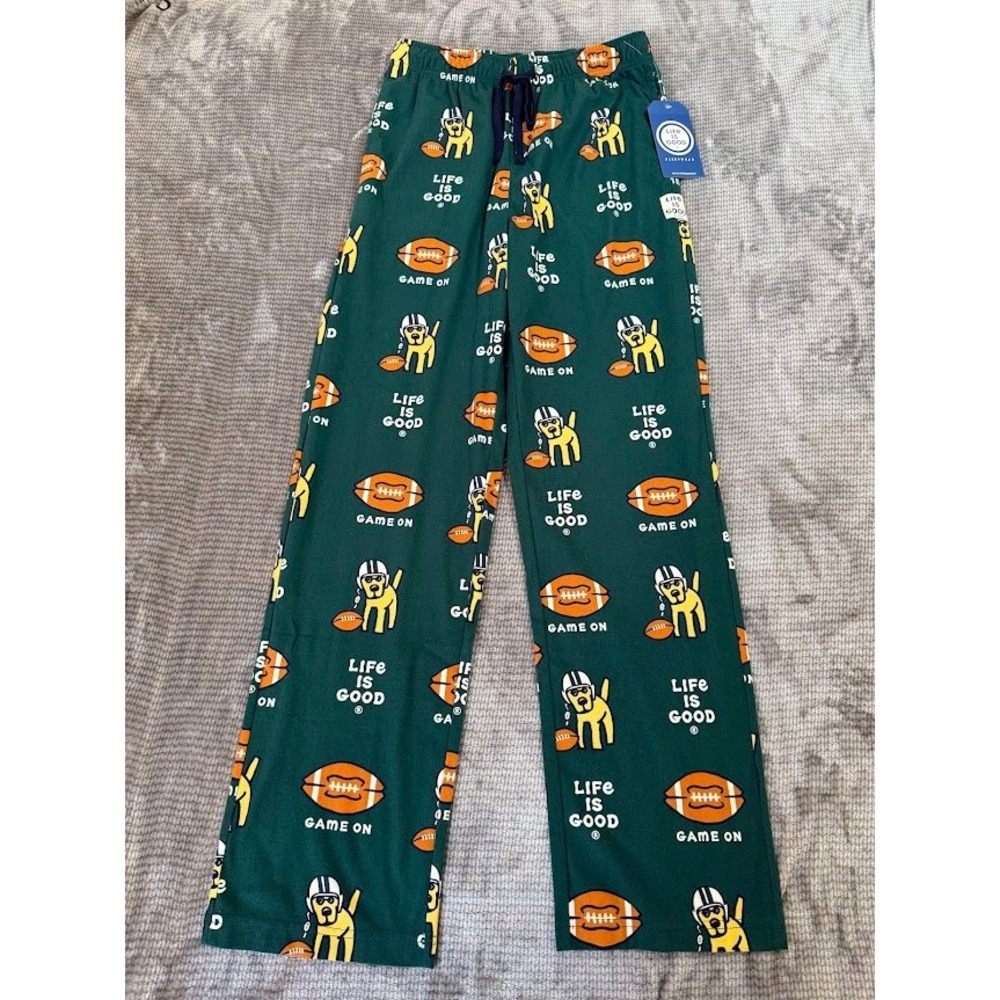Life is Good Mens S Pajama Pants Green Football Dog Game On Sleepwear‎ NWT 28x30